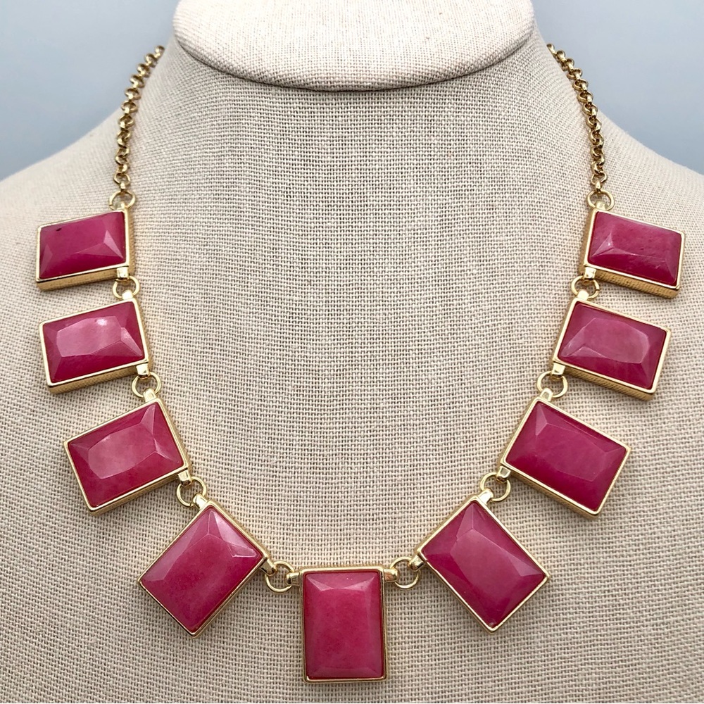 LOFT Egyptian Revival Pink Stone Statement Collar Bib Necklace Gold Tone Bright